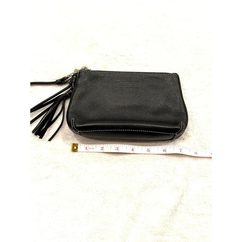 Vintage Coach Black Leather Wristlet Tassel Pouch Bag with White Stitching